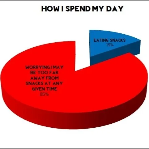 Pie chart entitled How I Spend My Day with large red portion reading Worrying I may be too far away from snacks at any given time and smaller blue portion reading eating snacks
