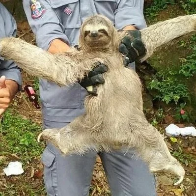 Sloth being held by person in gray jumpsuit