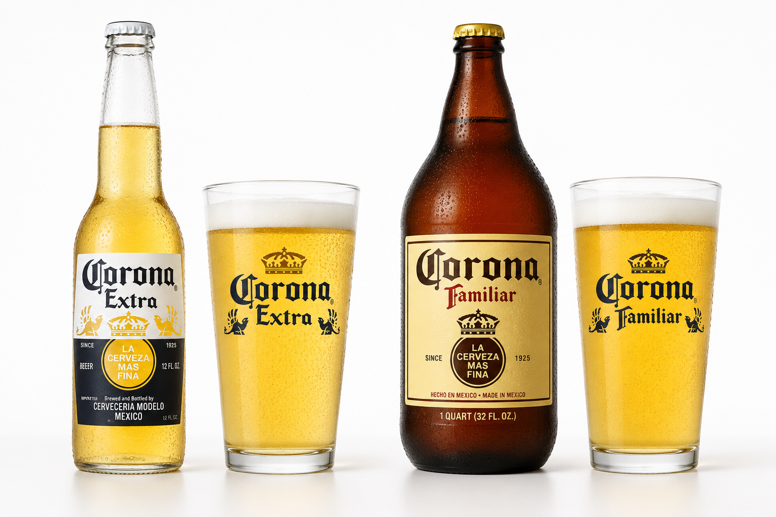 Side-by-side comparison of Corona Extra in a clear bottle and Corona Familiar in a brown bottle, each poured into identical glasses to illustrate the primary packaging difference between the two beers.