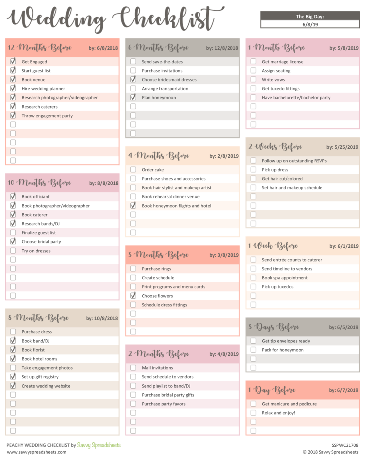 Wedding Diary #1 Checklist, September 2018