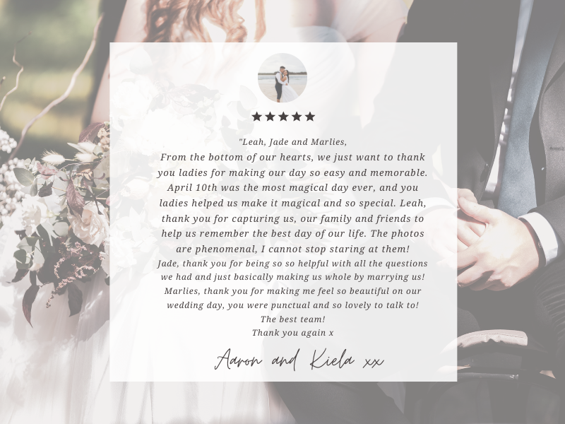 The team from Super Simple Noosa Elopement have been amazing to work with. Communication was fast between any of the team. Leah, Jacqui and Marlies are friendly and easy to work with. The ladies are very good at what-3.png