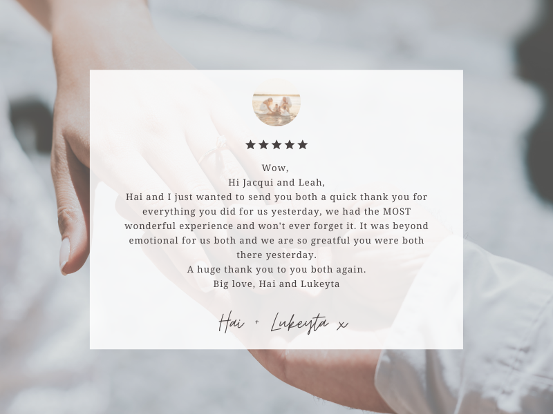 The team from Super Simple Noosa Elopement have been amazing to work with. Communication was fast between any of the team. Leah, Jacqui and Marlies are friendly and easy to work with. The ladies are very good at what.png
