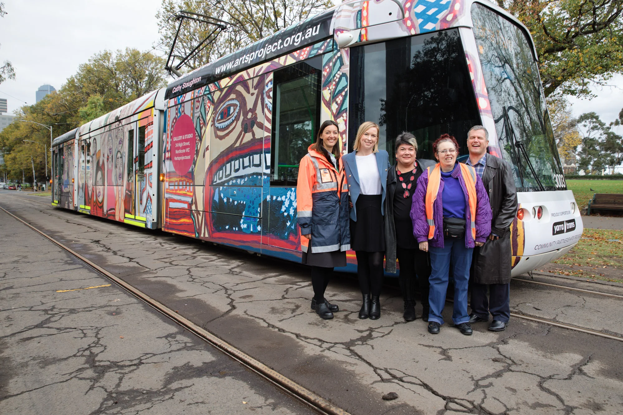 Yarra tram featuring artwork by Arts Project Australia artists Cathy Staughton and Warren O'Brien.