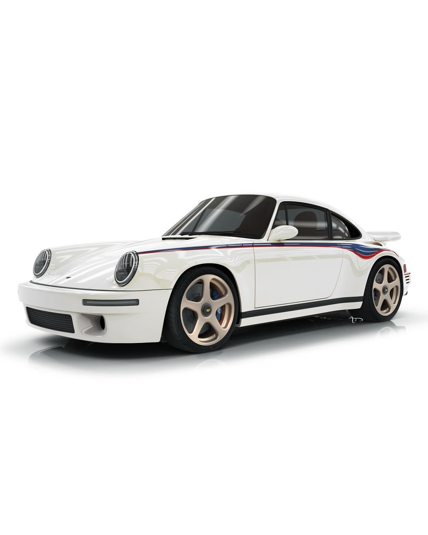 🇺🇸 &ldquo;Eaglebird&rdquo; #RUFCTR Anniversary. 

Rendered in Pearl White Metallic with a vintage-Sonderwunsch inspired livery painted in Cobalt Blue Metallic and Arena Red Metallic. The wheels are finished in Satin White Gold, with calipers in Cob