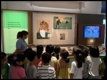  As we entered, Mrs Geraldine guided the children to the first display and talked about the different types of plantations that were in Singapore. They learnt that Singapore had coconut, rubber and pepper plantations. 