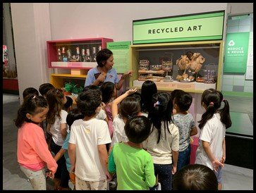  Lastly, the children were taken to view recycled art where many different packaging materials have been transformed into decorative and useful items like wind chimes, maracas and food items. 