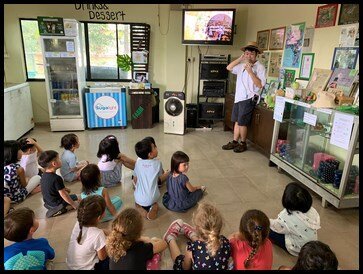  Afterwards, the children were brought indoors where they were shown a documentary on the bullfrog. They learnt about the anatomy of an American bullfrog and the different kinds of creatures it feeds on. 