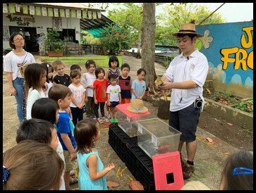  Moving on to the next segment of the tour, the children were shown an adult American bullfrog. Mr Jackson shared that these frogs can jump up to 1 meter high. The children also observed the movement of the frog’s neck which indicated their breathing