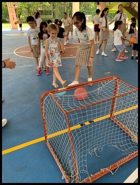  The children stopped by the lower part of the school’s indoor sports hall where they had station games for children to participate at. 