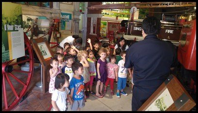  The children were then showed the very first horse drawn steam fire engine that was used in Singapore, the Merryweather Steam Fire Engine. This steam engine ran on burning coals and was able to raise pressure quickly to produce powerful jets of wate