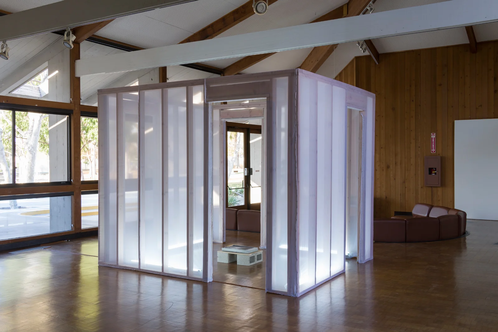 The Event Unit , chiffon, wood & fluorescent lights, 2016.