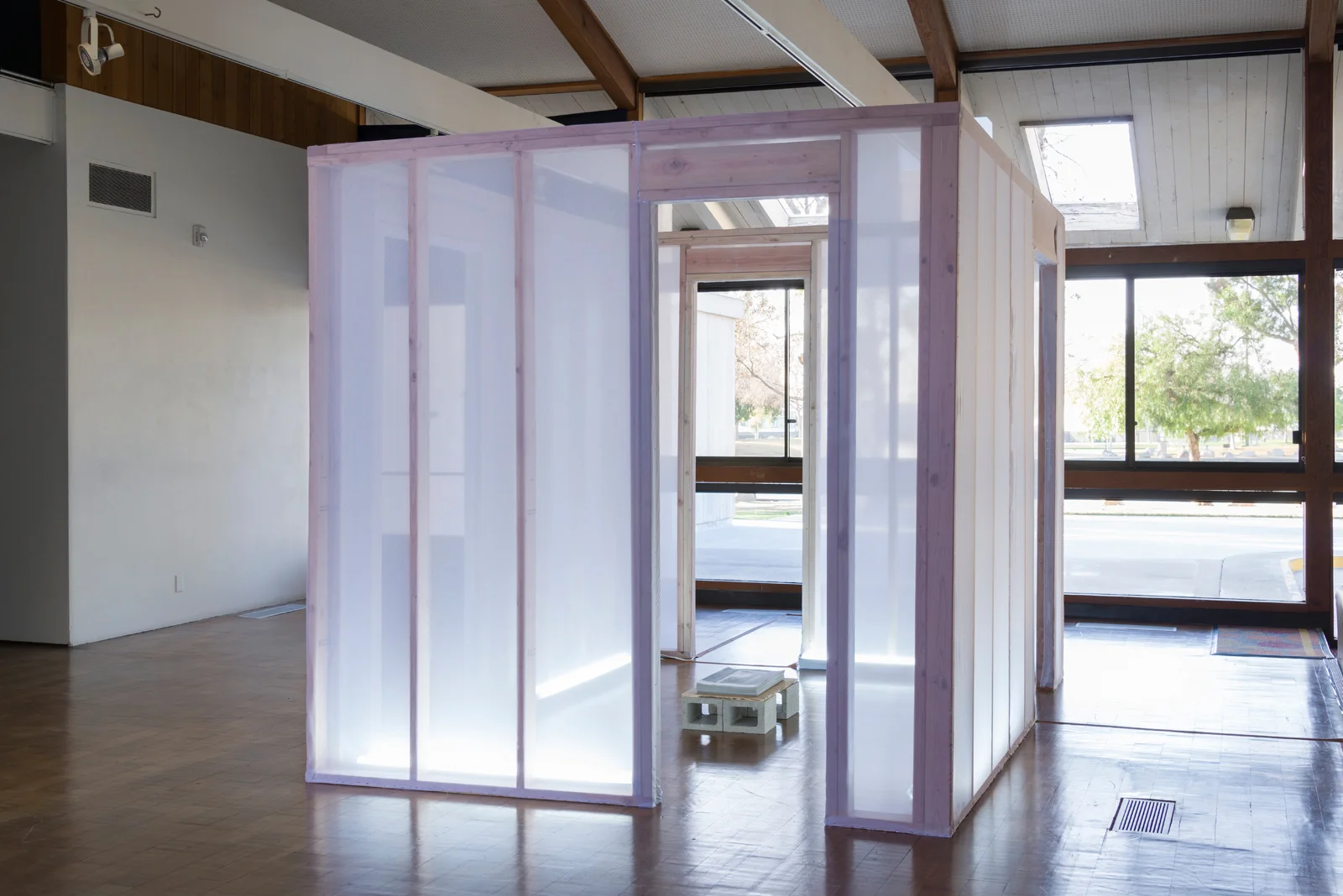 The Event Unit , chiffon, wood & fluorescent lights, 2016.