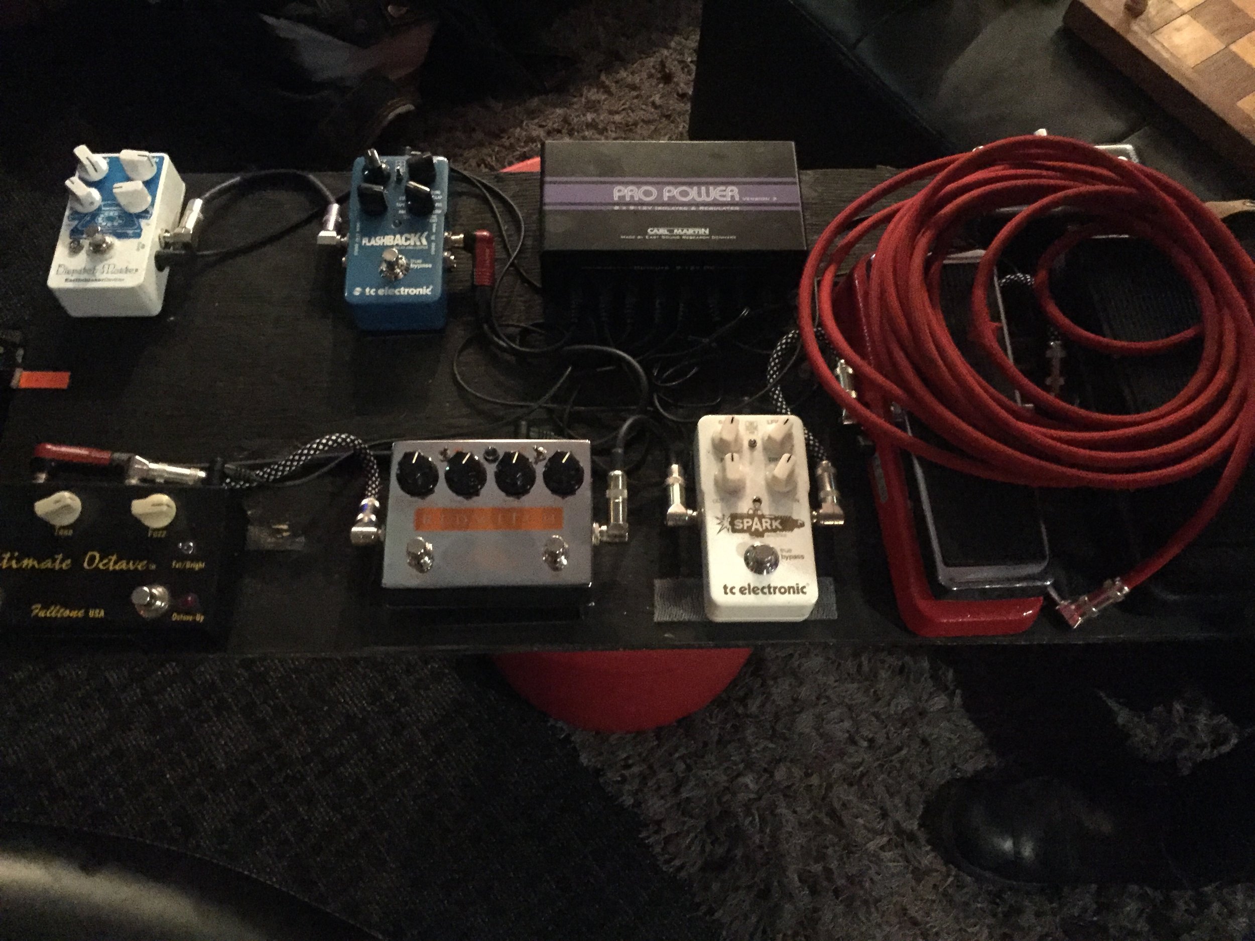 Dave's current pedal board featuring the Red Witch Zeus Suboctave Fuzz.