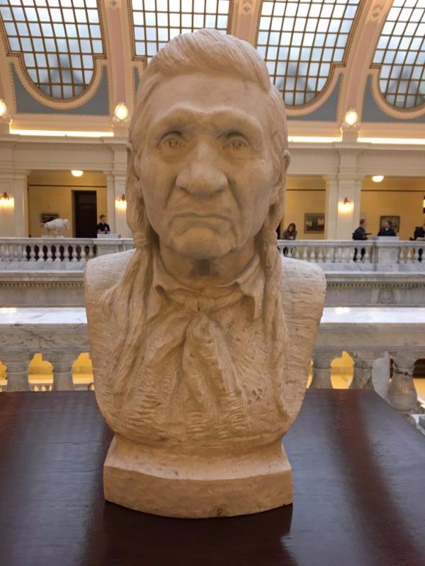 A marble bust of Ute Chief John Duncan by Millard F. Malin. Duncan served as a liaison between Native American tribes and the US government following the Civil War.