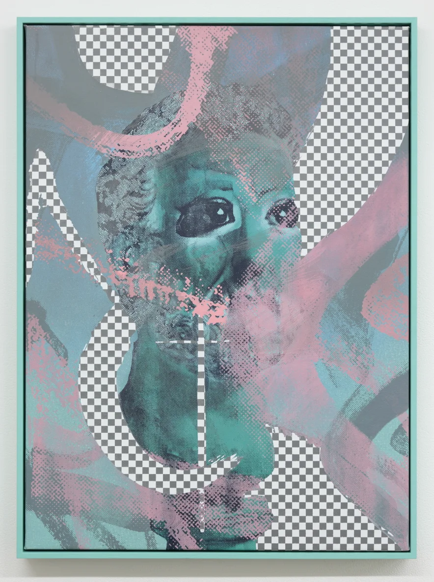   Binary Bust (2016)   Acrylic, screen print, aerosol on canvas  30" x 22" 