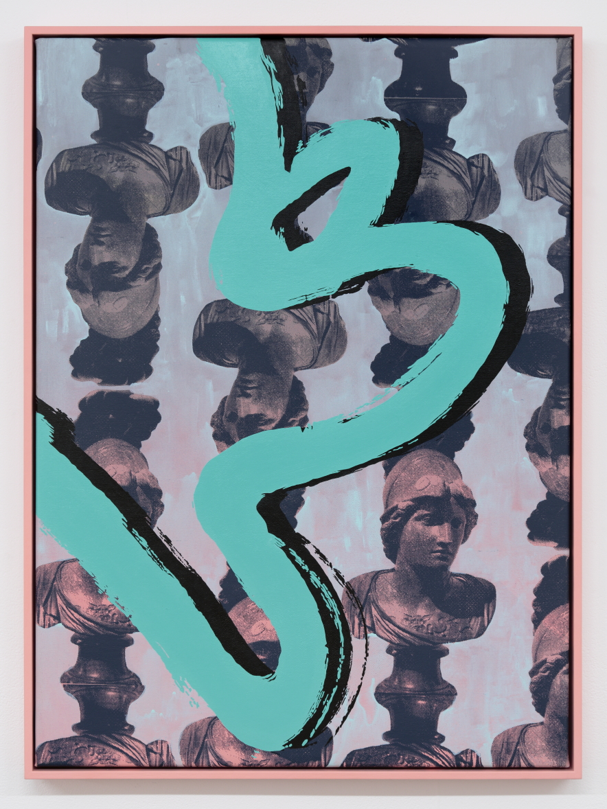   We Ride Tonight (2015)   Acrylic, screen print, aerosol and oil paint on canvas  30" x 22" 