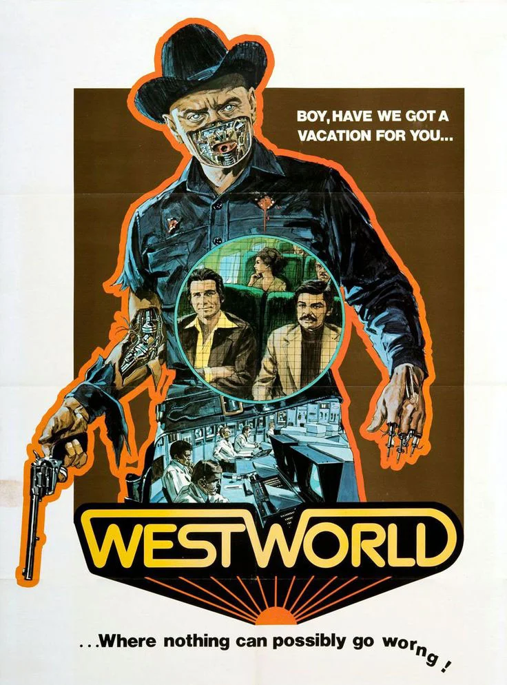 La locandina del Westworld del 1973, sulla quale troneggia un cazzutissimo Yul Brynner in versione cyborg.