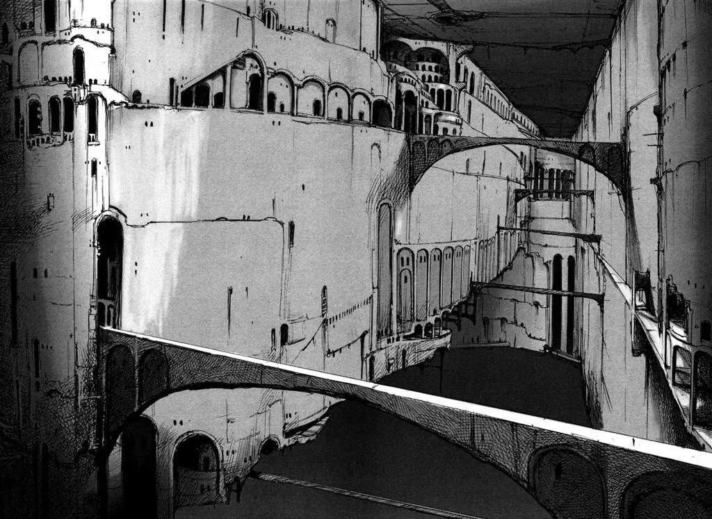 Talvolta, pietra e cemento si alternano all’infinità di architetture meccaniche che caratterizzano gli ambienti.