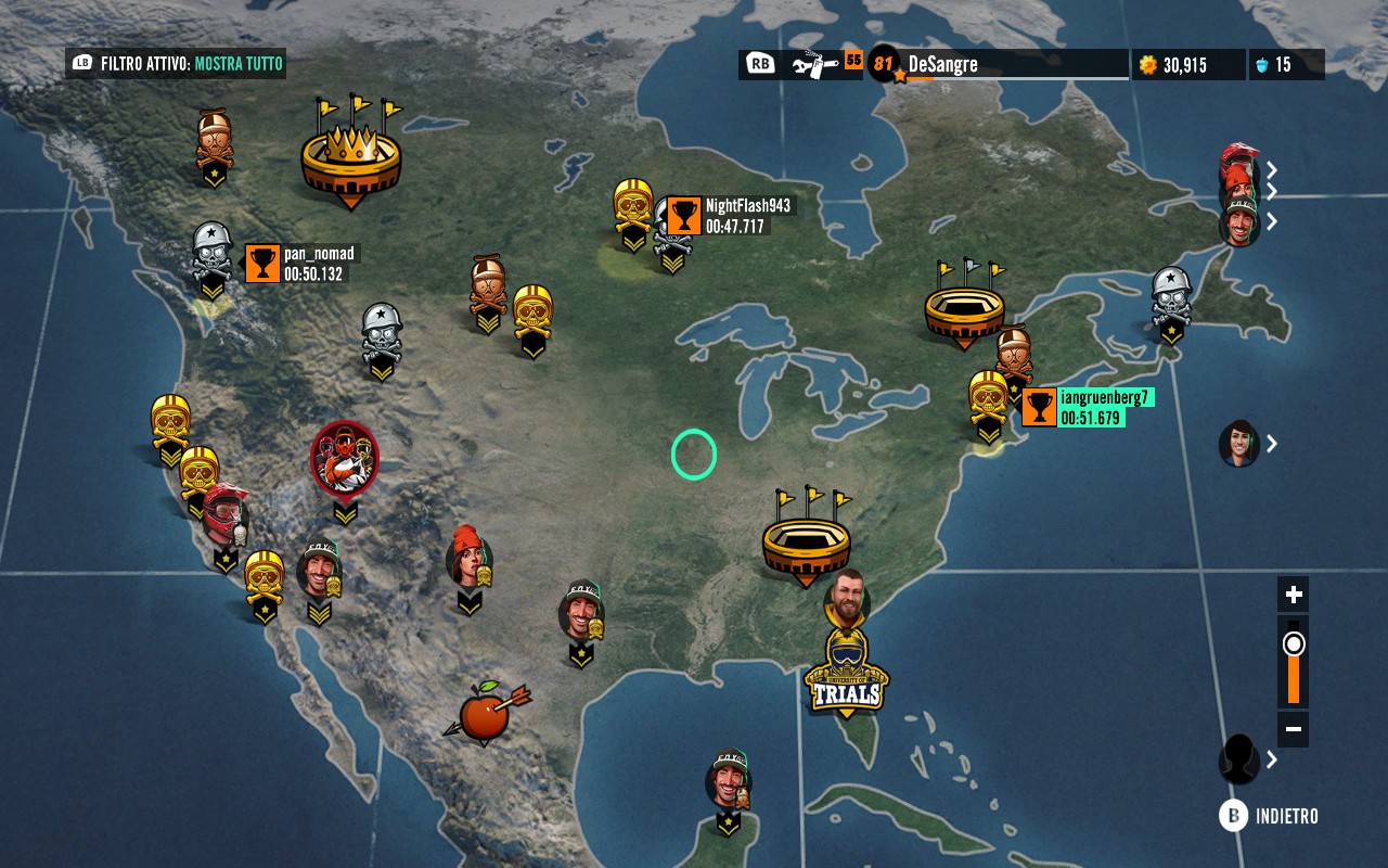 La mappa del mondo riprende in parte la struttura di Trials Frontier , capitolo mobile della serie, ma la sua usabilità è piuttosto dubbia: spesso si rimpiange la semplice "lista" di tracciati di Trials Evolution e Trials Fusion , anche se i pop-up che annunciano record e risultati degli amici in corrispondenza dei vari eventi sono un tocco carino.