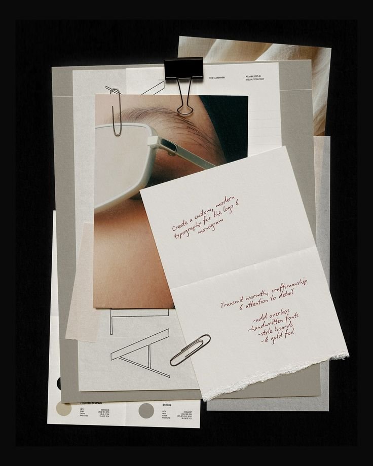 Collection of papers with graphic design and handwritten notes, including an image of an eye with makeup, a logo sketch, and instructions for branding.