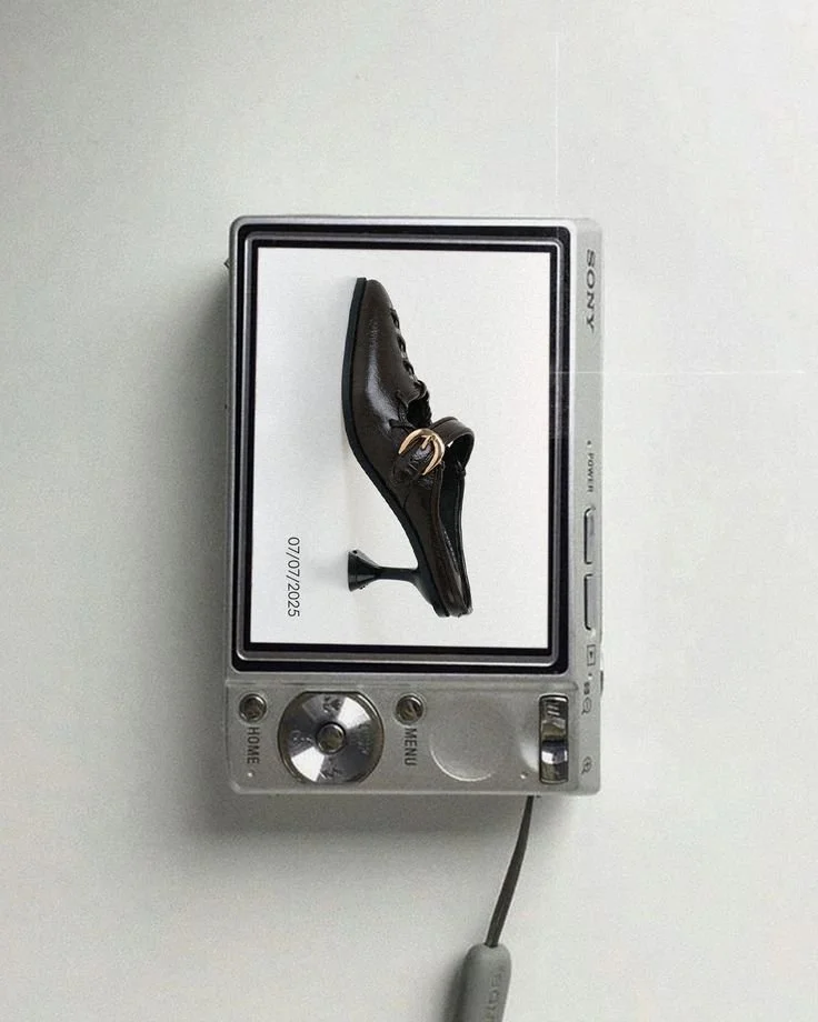 A silver digital camera displaying a black high-heeled shoe with gold buckles on the screen.
