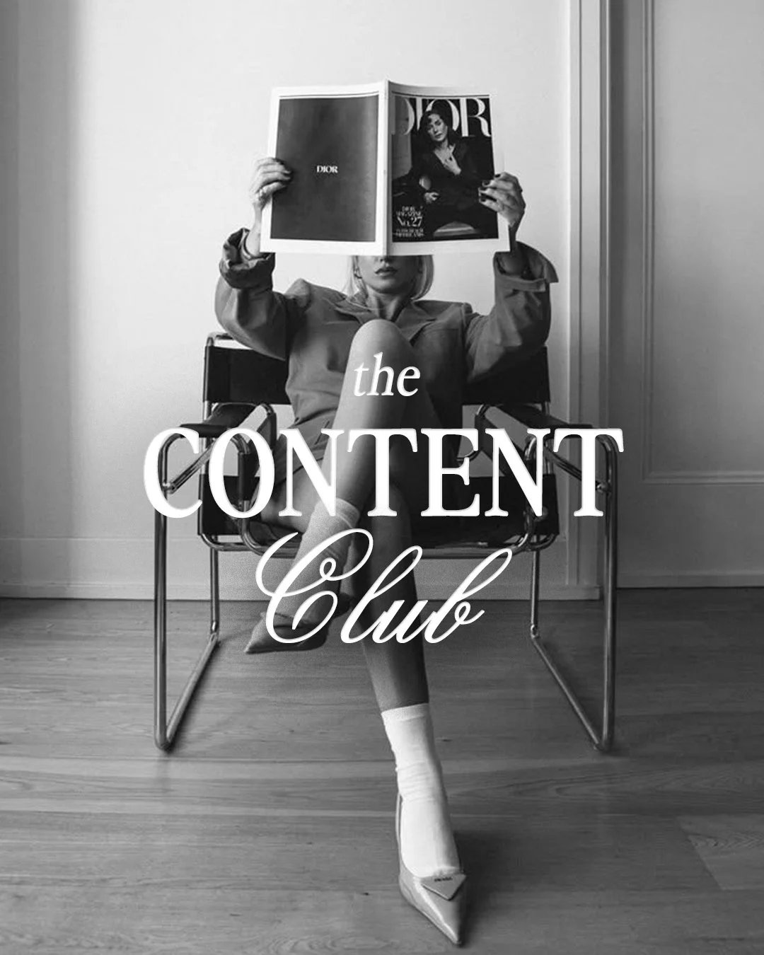 A woman sitting on a chair reading a magazine, with her face obscured by the magazine. The photo is in black and white. The text overlay says 'the CONTENT Club'.