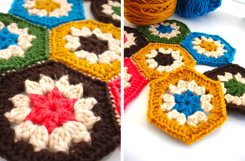 Hexagonal granny "squares" crocheted by Leanda