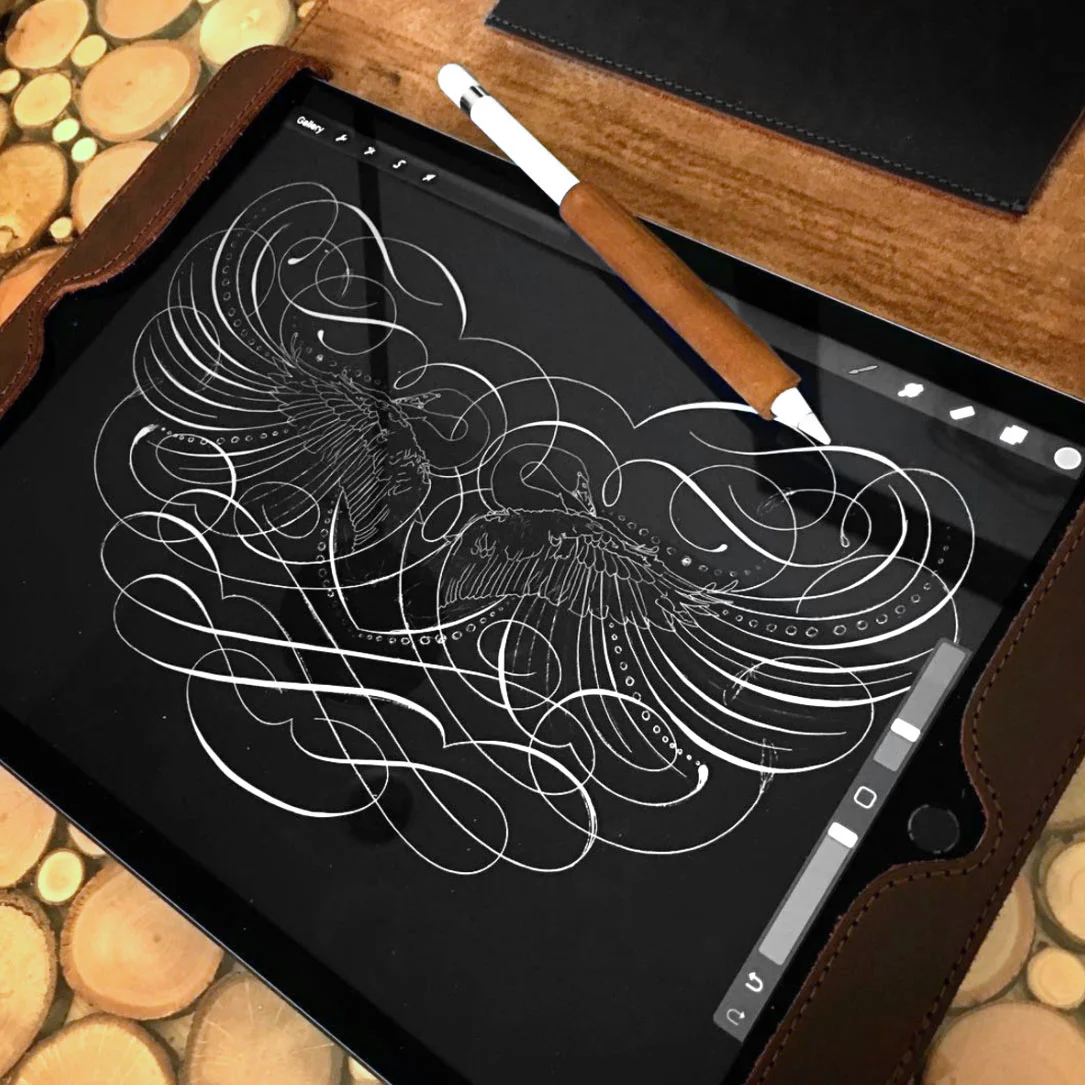 Jake’s initial sketch of what will be his largest flourishing to date on the iPad Pro with the Apple Pencil. Leather case and leather pencil grip from Saddleback Leather .