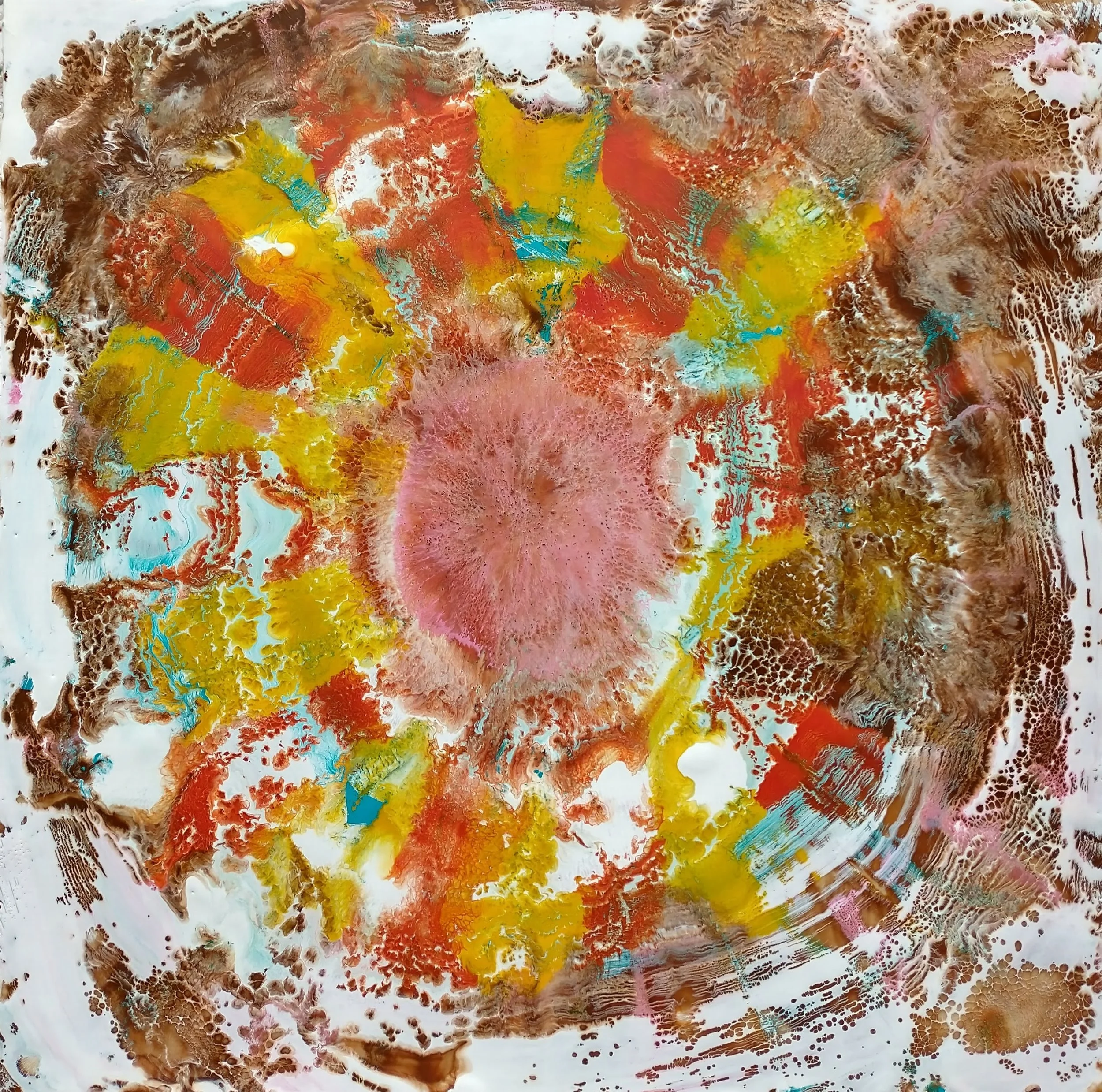 Rosey Heart of the Sun  
encaustic on board, 12x12