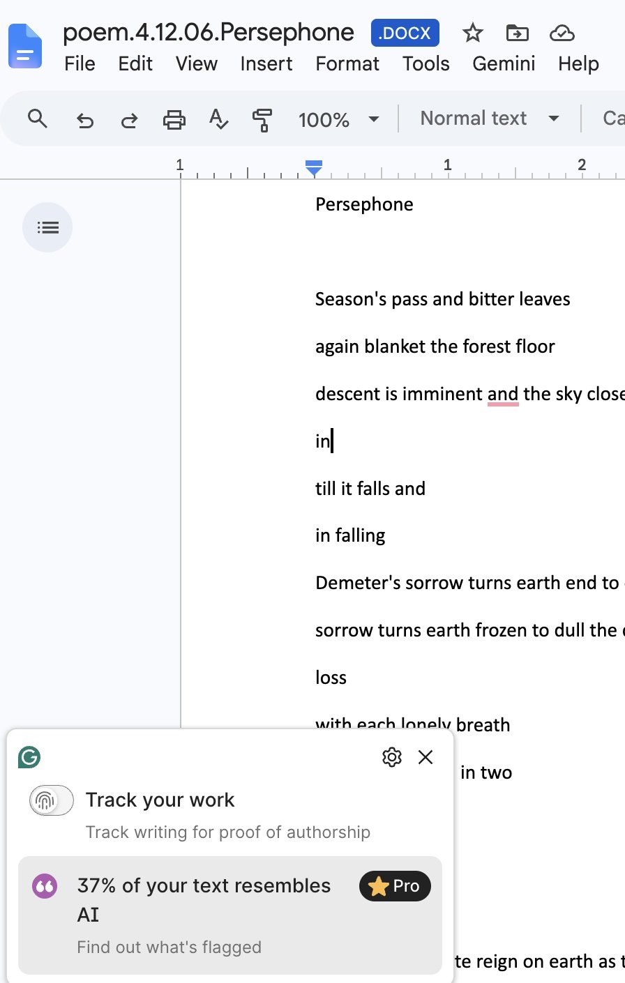 Persephone Poem by the author Kellie Adkins written in April 2006 flagged as AI generated