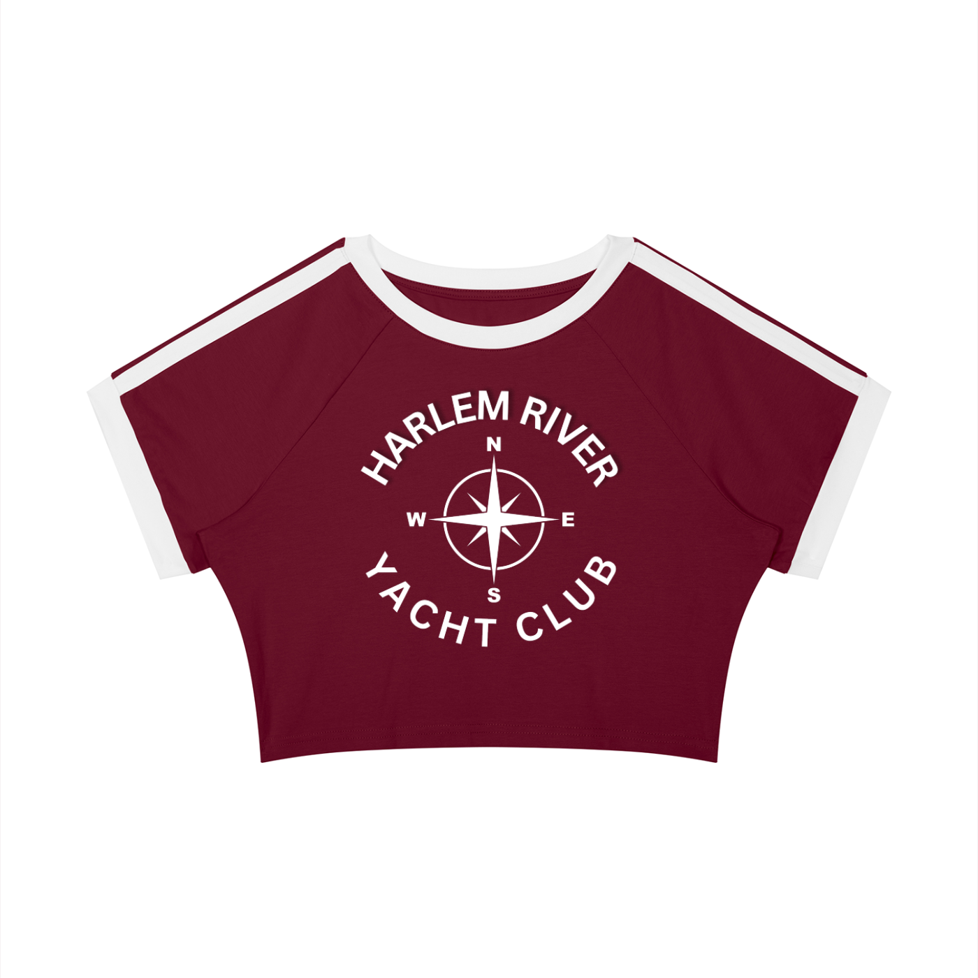 Maroon cropped t-shirt with white neckline and sleeve trim, featuring a nautical compass design and text that reads 'Harlem River Yacht Club'.