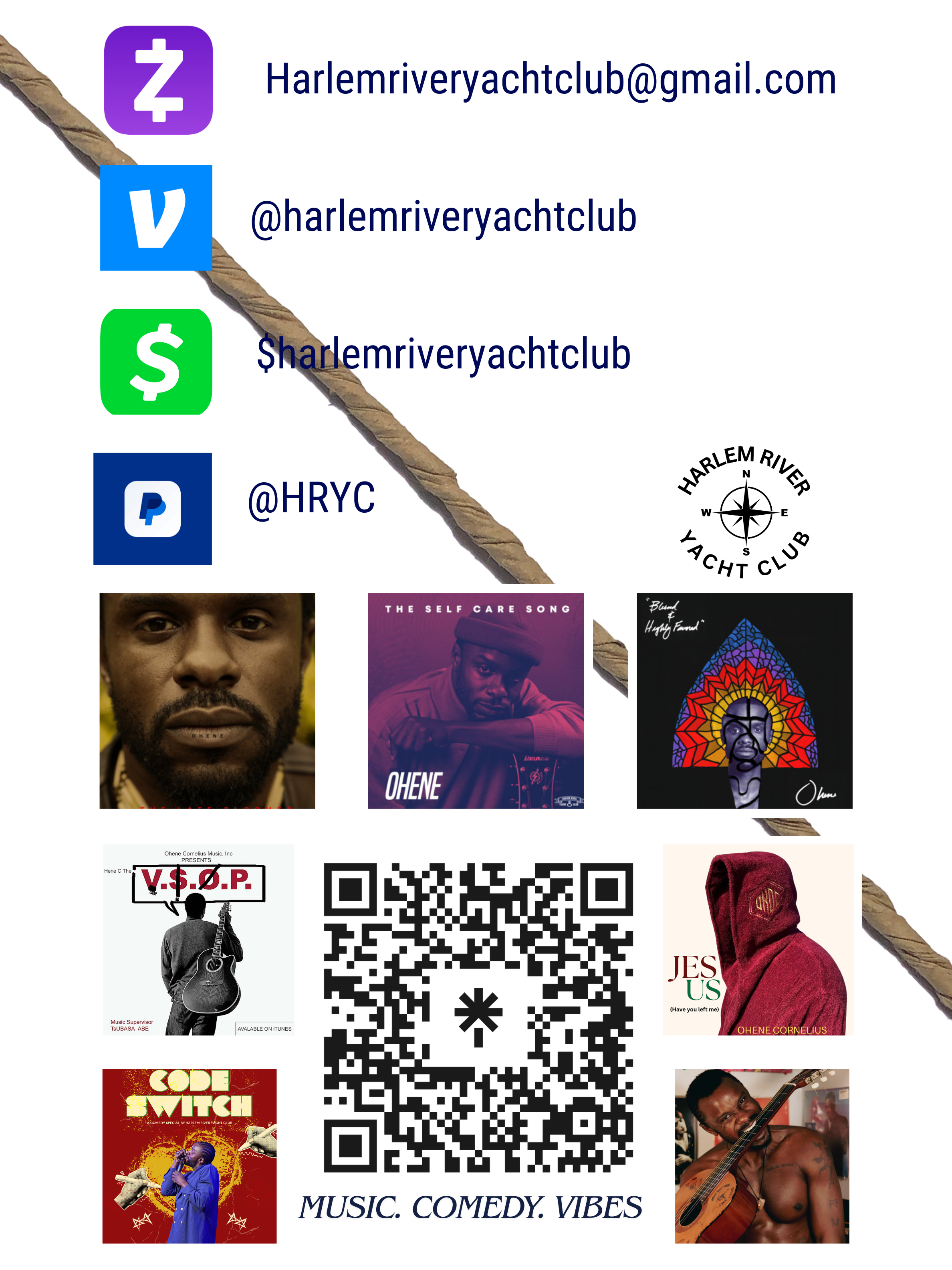 Contact information including email and social media handles for Harlem River Yacht Club, a logo for Harlem River Yacht Club, images of a man holding a guitar, a music album cover, a flyer for a comedy show titled 'CODE SWITCH,' a QR code, and the ph