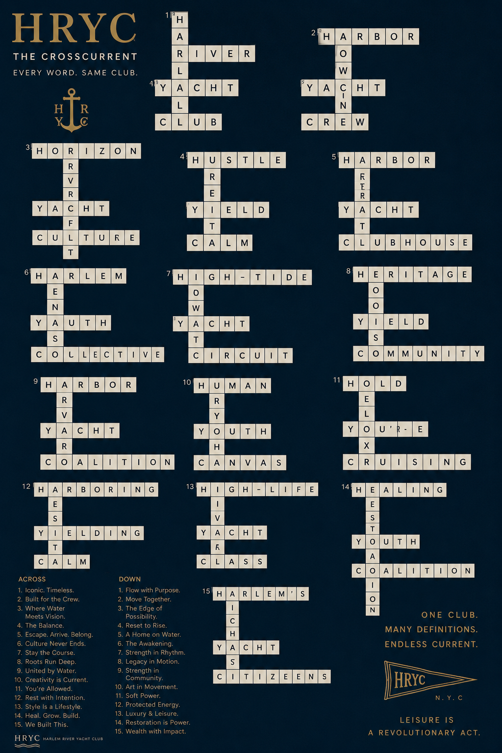A crossword puzzle titled "HRYC: The Crosscurrent" featuring words related to the Harlem River Yacht Club, water, ships, and community themes. The clues for across and down are listed at the bottom along with the club's logo and motto.