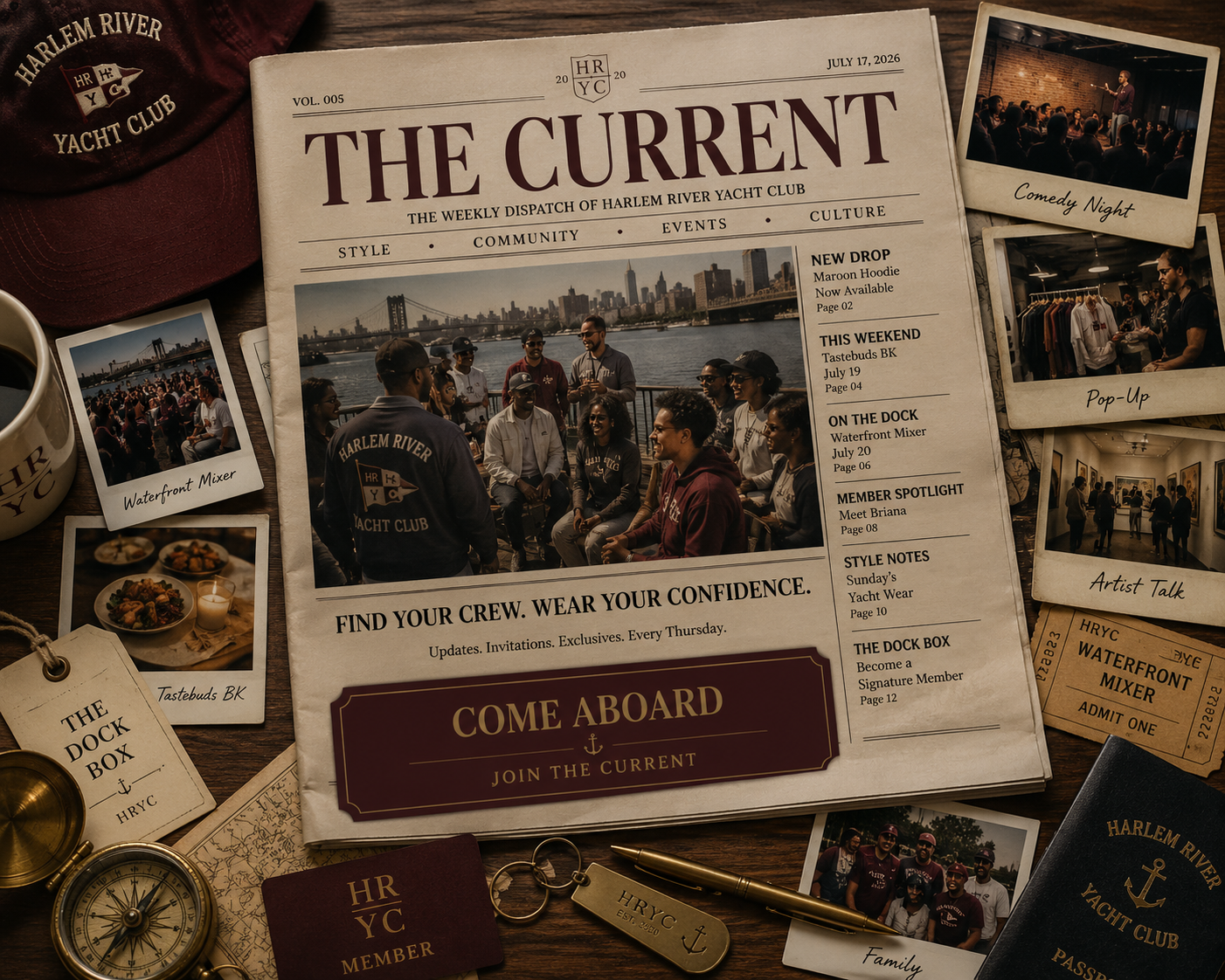 A newspaper titled 'The Current' from the Harlem River Yacht Club, dated July 17, 2026, featuring a group of people on a boat deck with the New York City skyline in the background. Surrounding items include photos, vintage tickets, a compass, a mug, and a pen, all related to the yacht club and its events.