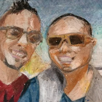 Robert and Perry, water color and Crayola, 6" x 6"