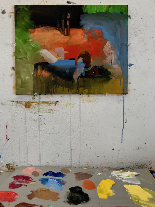 The wrestlers in progress, 2019 oil on board 11” x 14”
