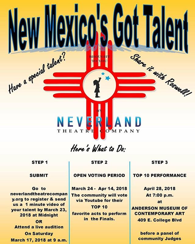 SHARE YOUR TALENT!! For rules and registration go to www.neverlandtheatrecompany.com, or come to a live audition where we will video your talent for you, this Saturday 9am-12pm at the Studio+ @roswelldance, 2000 S. Main!!!!