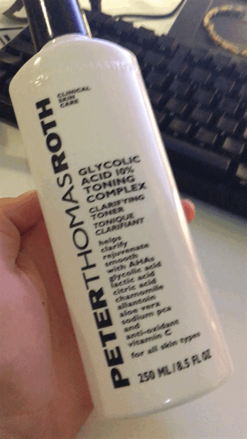After getting my face nice and clean i go in with the Peter Thomas Roth Glycolic Acid 10% Toning Complex. I use this two to three times a week as a toner to exfoliate and brighten my face. This is great for oily skin, getting the gunk out and preventing your pores from getting clogged.