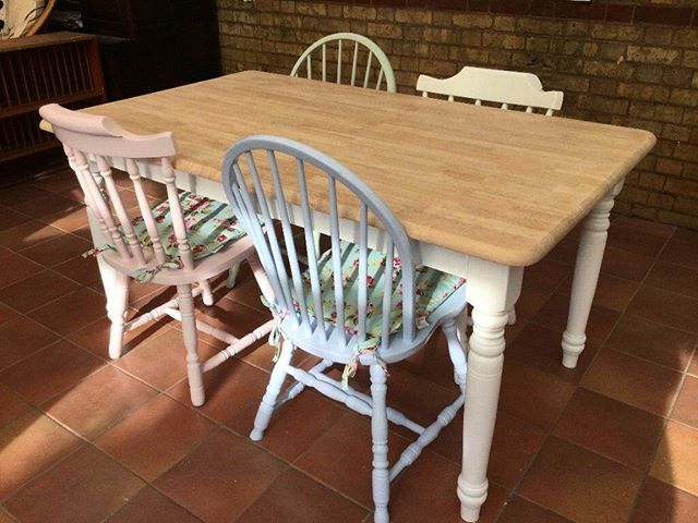 We&rsquo;re springing into the season with mismatching pastels featured on this shabby chic table and chair set &bull; #shabbychic #shabbychicfurniture #handrefurbished #preloved #prelovedfurniture #shabbychicconservatory #farmhouse #farmhousestlye #