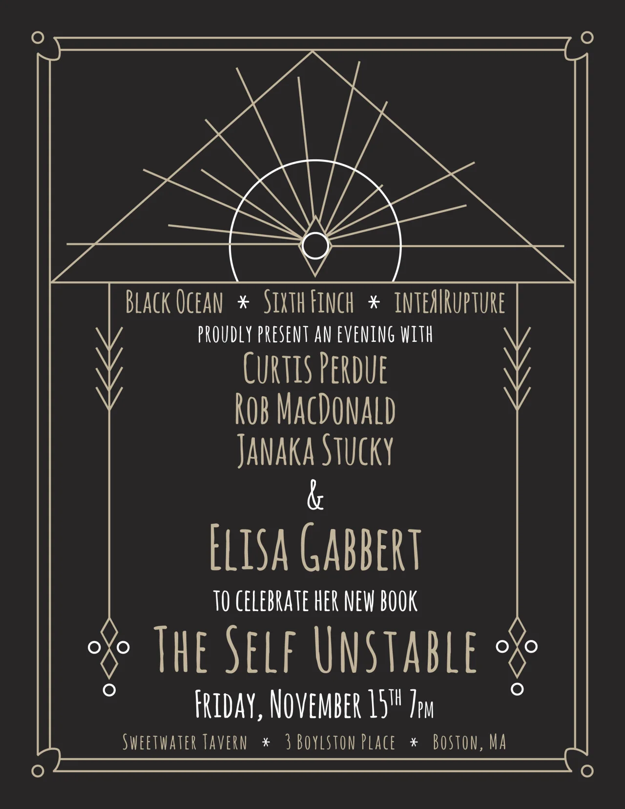 I’ll be reading with fellow local indie-literati Curtis Perdue ( inter|rupture ) and Rob MacDonald ( Sixth Finch ) in support of Elisa Gabbert’s new book of lyric essays, The Self Unstable , out from Black Ocean this month!