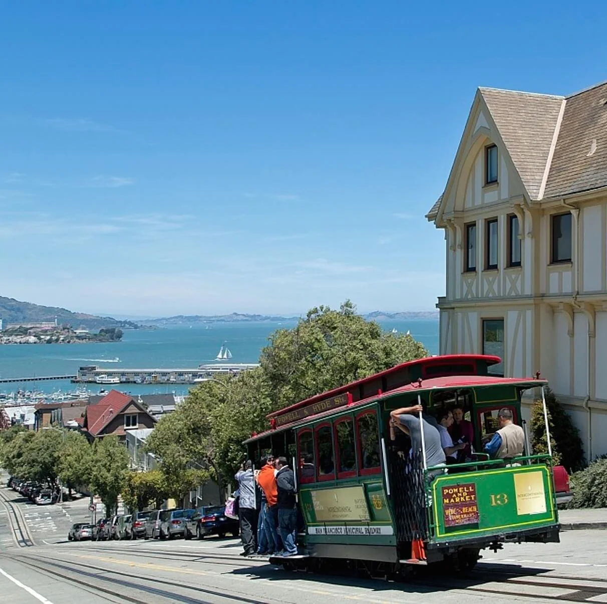 Cable car in San Francisco with view of Alcatraz