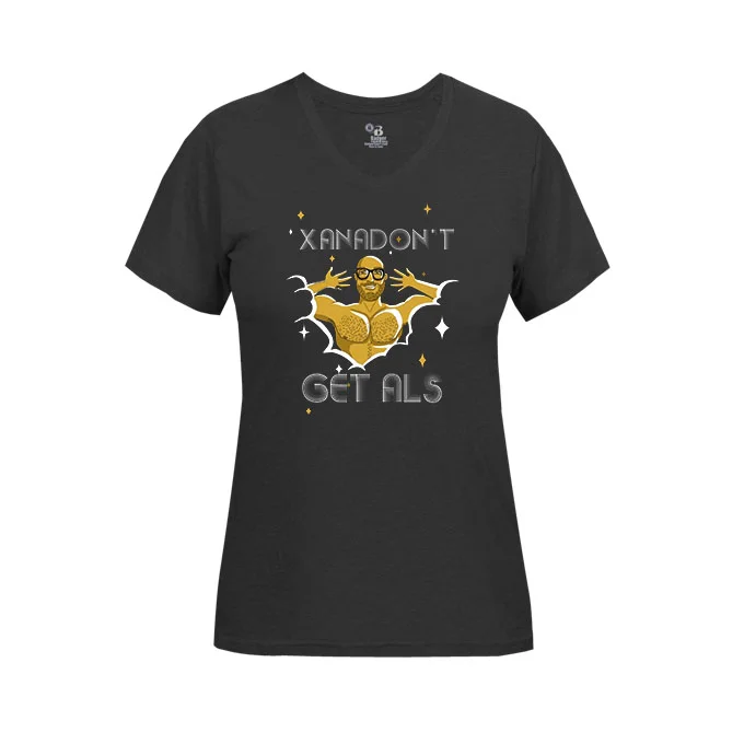 Black womens v neck with xanadont logo.jpg