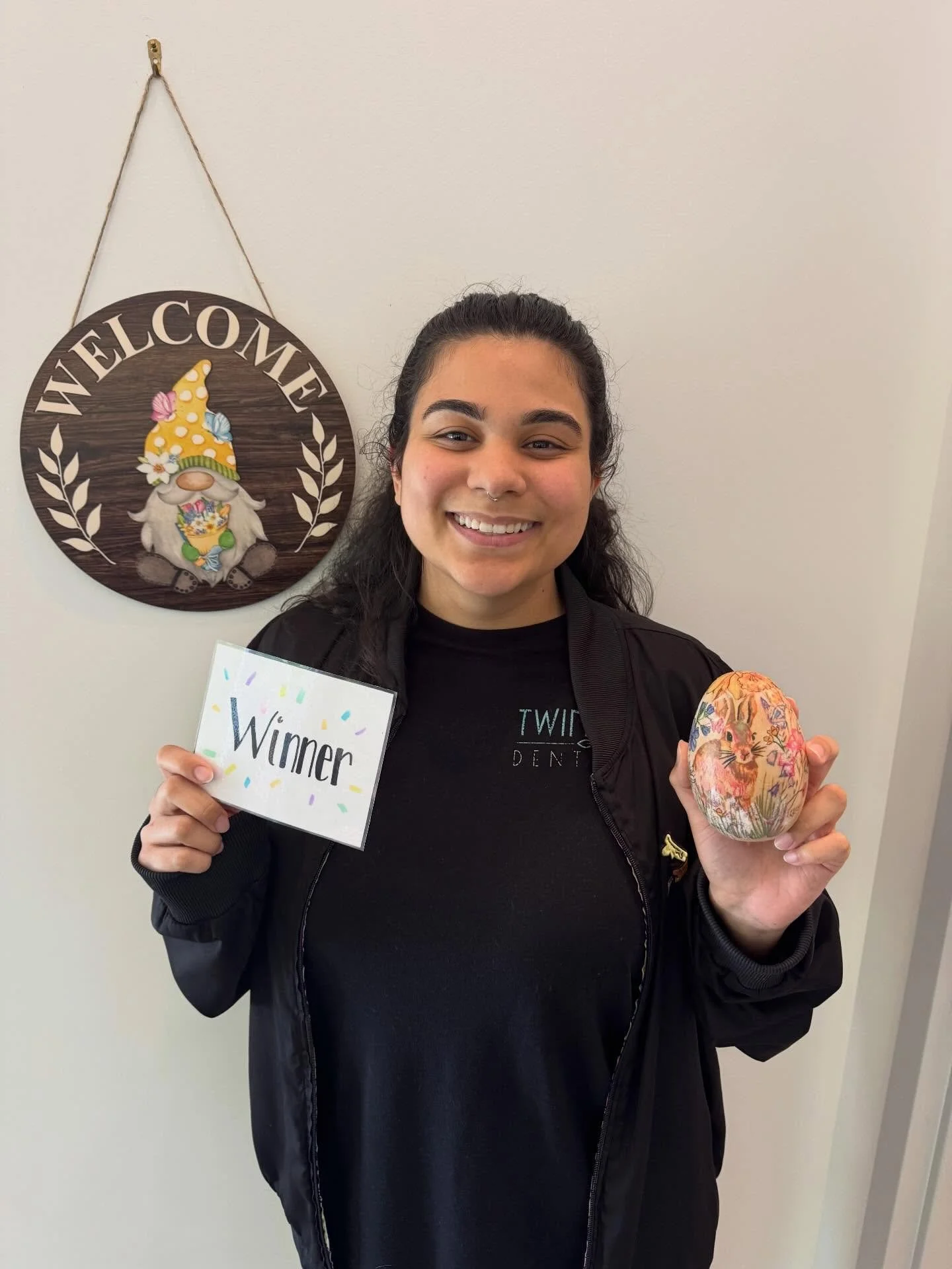 Our office manager, Fay, was the winner of our Spring egg decorating contest! Her decoupage egg was a fan favorite! 
#twinleafdentistry #hollyspringsnc #apexnc #officefun