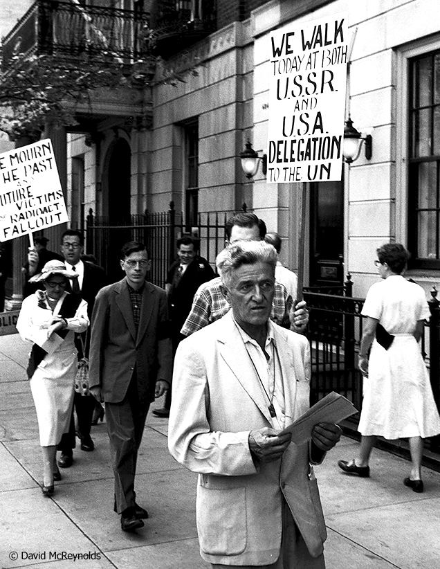 Ammon Hennacy (1893-1970), Hiroshima Day protest, August 6, 1957, New York City. Hennacy was a pacifist, Christian anarchist, social activist, member of the Catholic Worker Movement and a Wobbly.