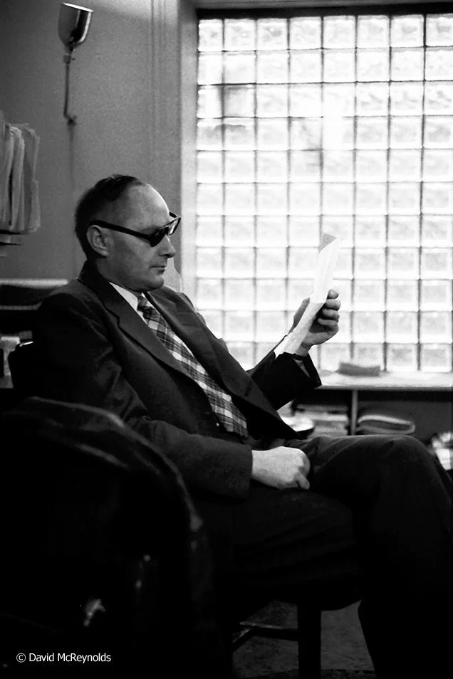 Dave Dellinger at the Liberation Office at 110 Christopher, NYC. April 1957.
