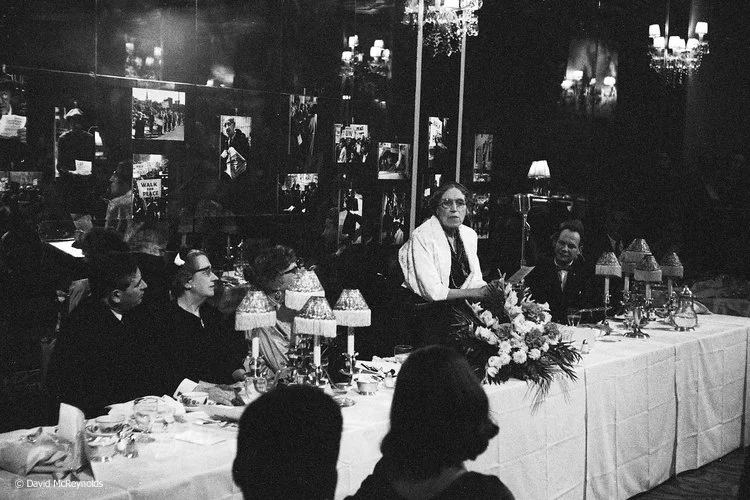 Tracy Mygatt, one of the founding members of WRL, speaking at the dinner for Jeannette Rankin, NYC 1958.