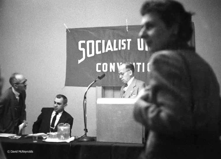 Herman Singer (seated), Darlington Hoopes at microphone, Robin Myers (right). Singer was Executive Secretary of the SPA from 1954-1957. Darlington Hoopes was the party’s presidential candidate in 1952 and 1956. Myers was Executive Secretary from 195