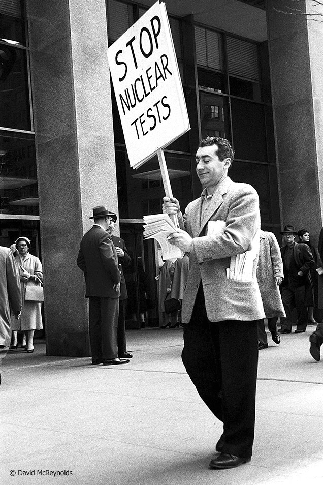  WRL participated with SANE to protest nuclear bomb tests April 13, 1958.&nbsp;WRL staff member Ralph DiGia. 