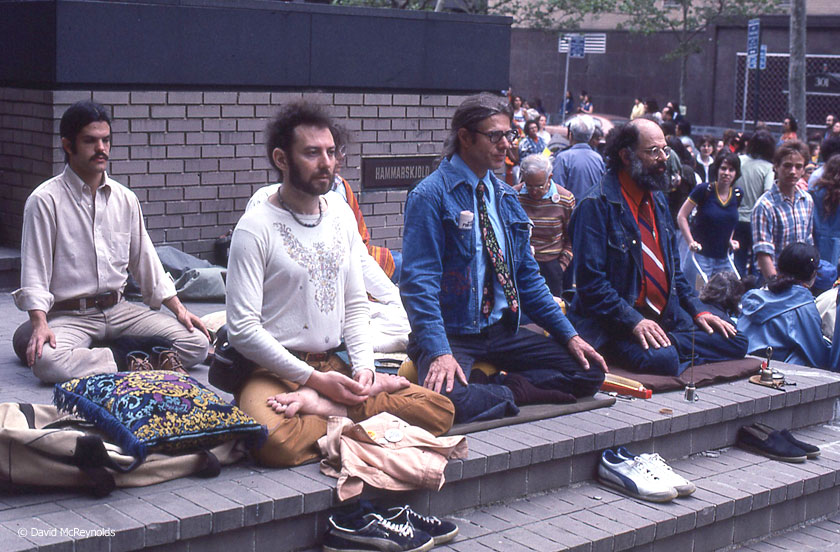  Allen Ginsberg, right, next to Peter Orlovsky, during a meditation at Dag Hammerskold Plaza near the UN during the Special Session on Disarmament Demonstration, May 27, 1978. 
