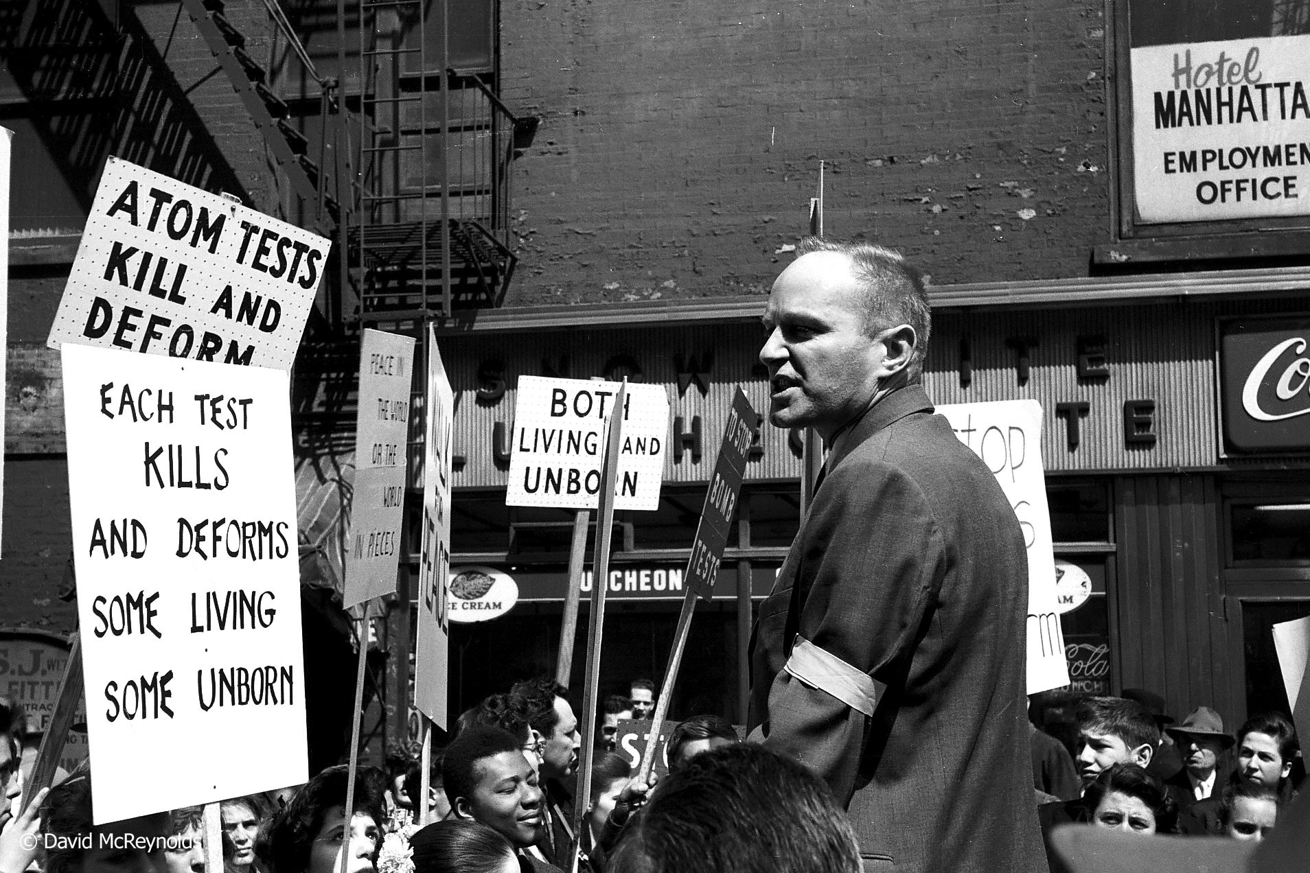 DAVID DELLINGER speaks at a rally during the Walk for Peace. New York City, April 4, 1958.